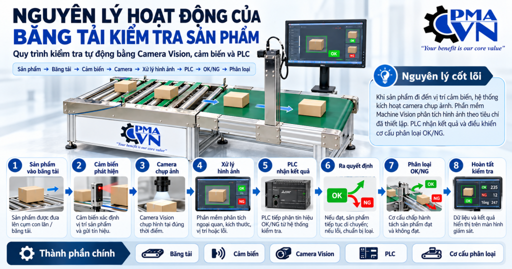 Nguyên lý hoạt động của băng tải kiểm tra sản phẩm