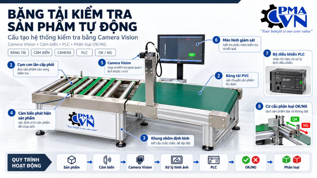 Cấu tạo băng tải kiểm tra sản phẩm